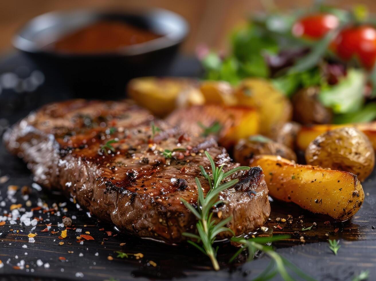 Delicious grilled steak with roasted potatoes and fresh salad photo