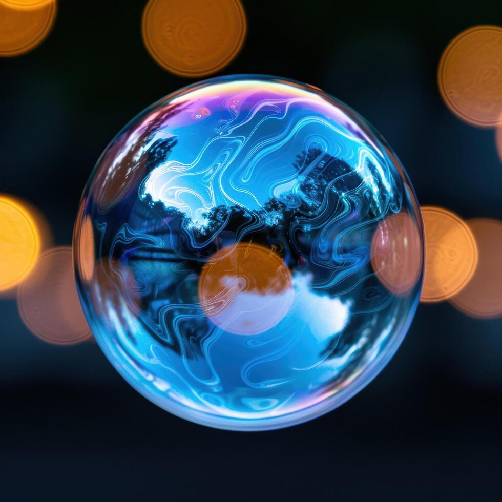 Colorful swirling glass sphere with bokeh lights photo