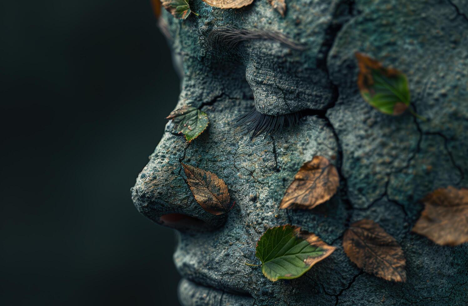 Weathered tree bark with fallen leaves photo