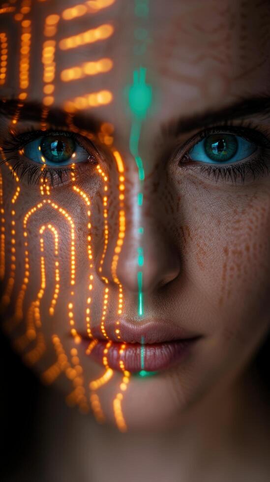 Futuristic glowing face with intricate patterns photo