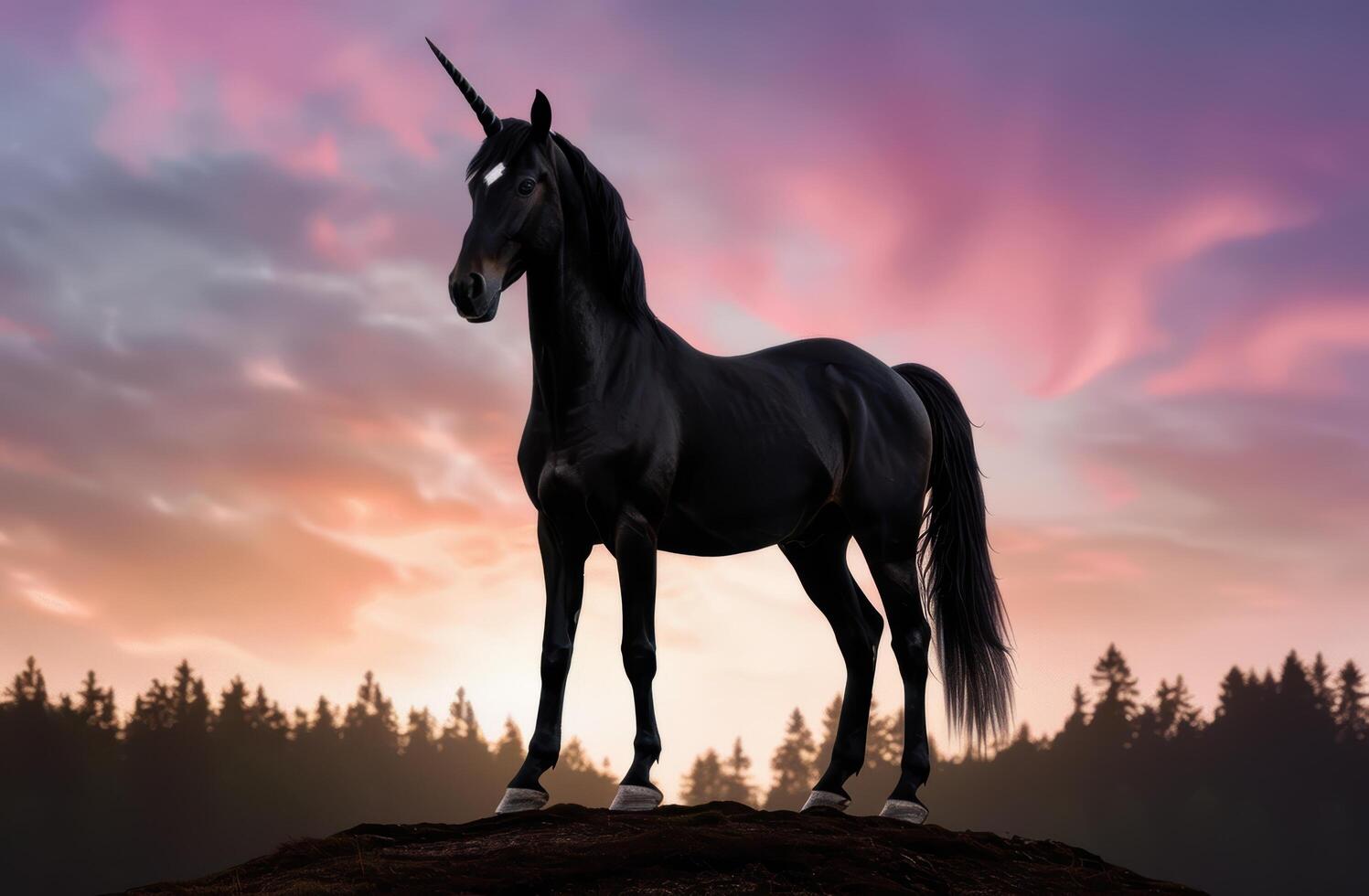 majestic black unicorn silhouette against colorful sunset sky photo