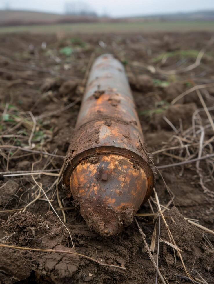 Rusty pipe lying on muddy ground photo