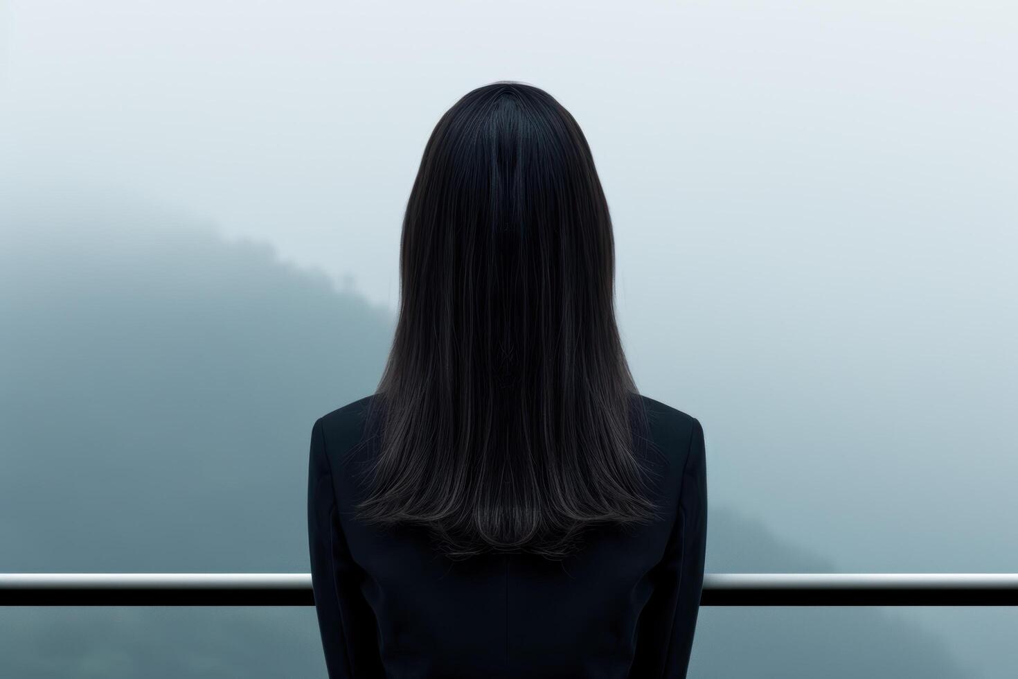 Mysterious woman in black coat overlooking foggy landscape photo