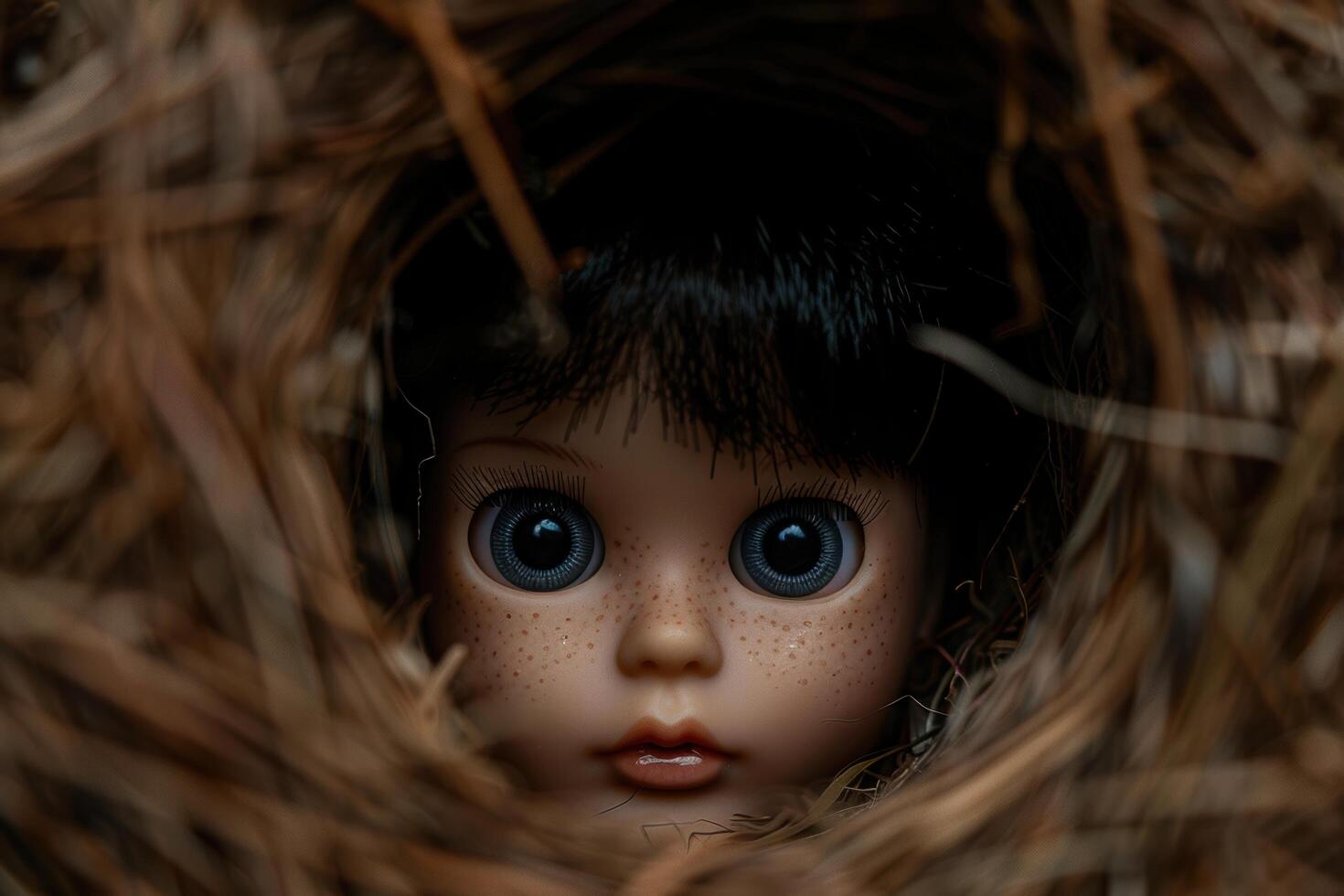 Creepy vintage doll with big blue eyes photo