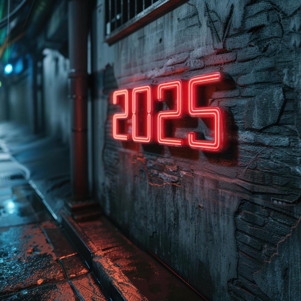Neon sign displaying the year 2025 on a grungy urban wall photo