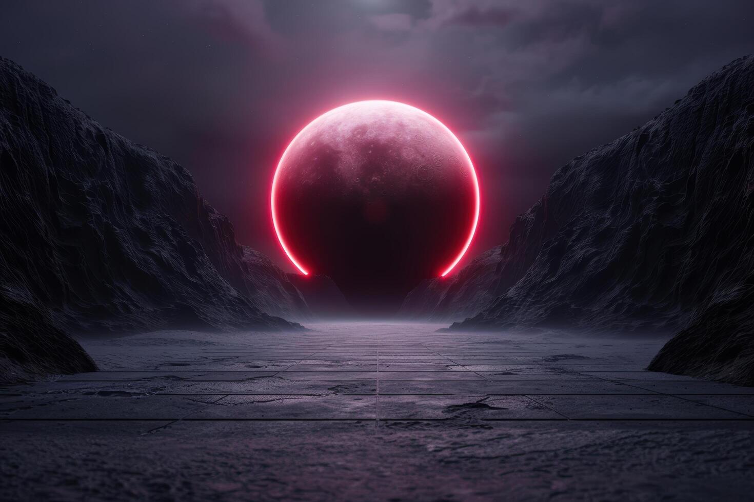 Dramatic red moon rising over icy mountain landscape photo