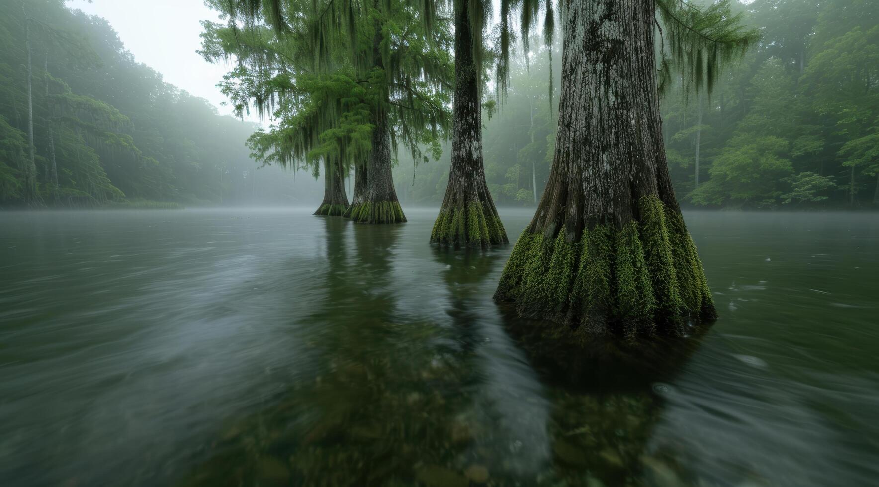 Misty swamp with moss covered cypress trees photo