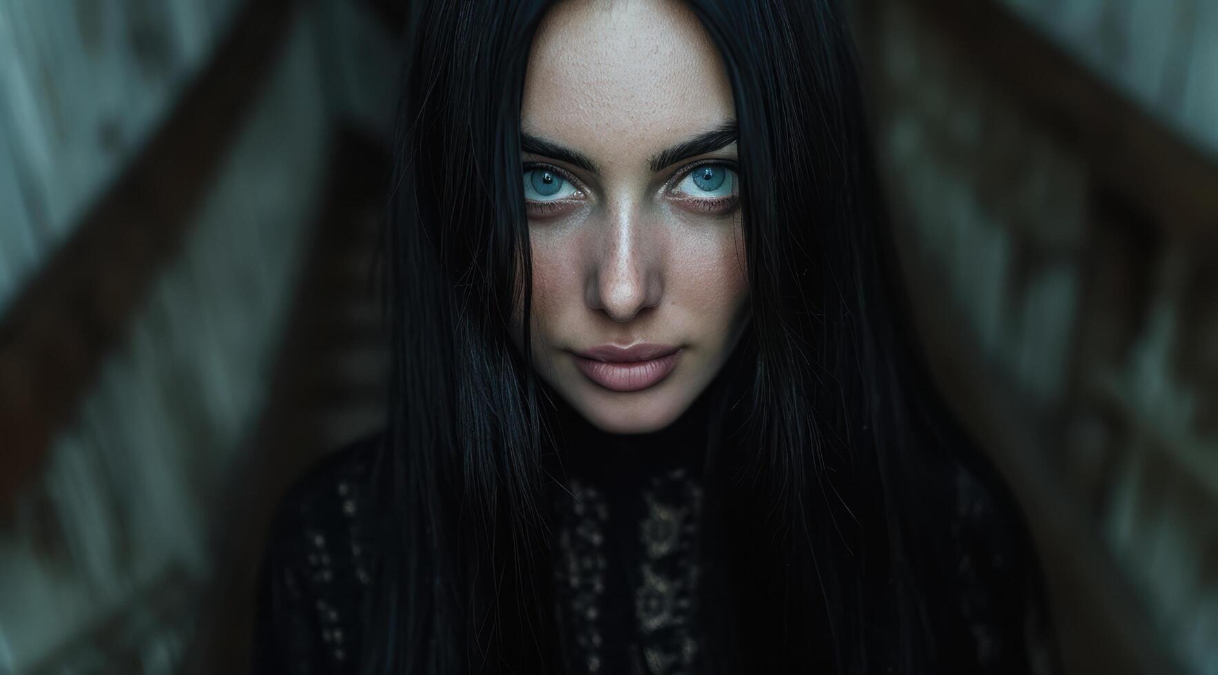 Mysterious woman with dark hair and piercing blue eyes photo