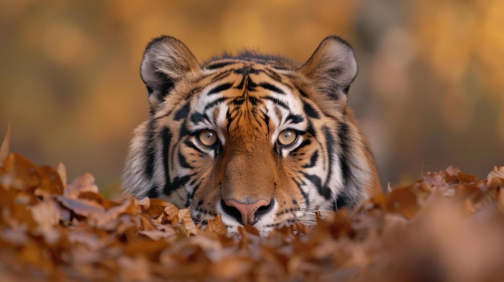 Majestic tiger peeking through autumn leaves photo