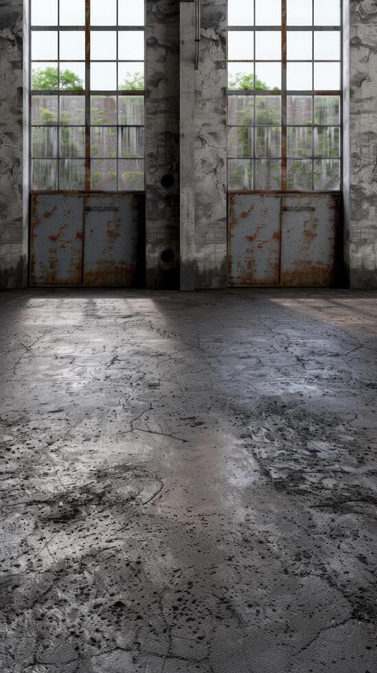 Abandoned industrial interior with cracked concrete floor and rusted metal doors photo