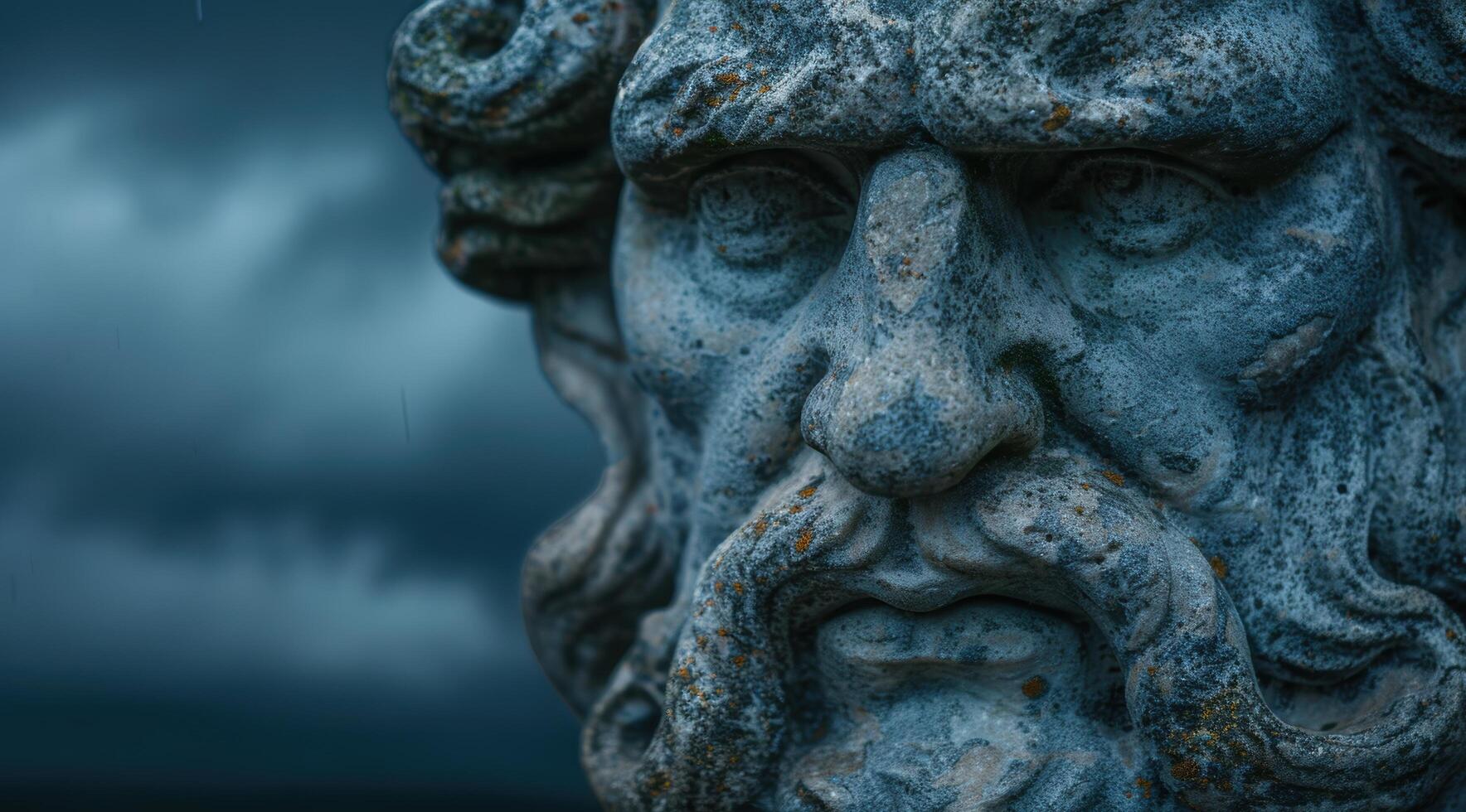 Weathered stone face sculpture with a pensive expression photo