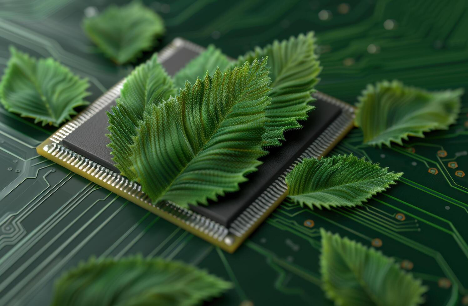 Lush green leaves and computer circuit board photo