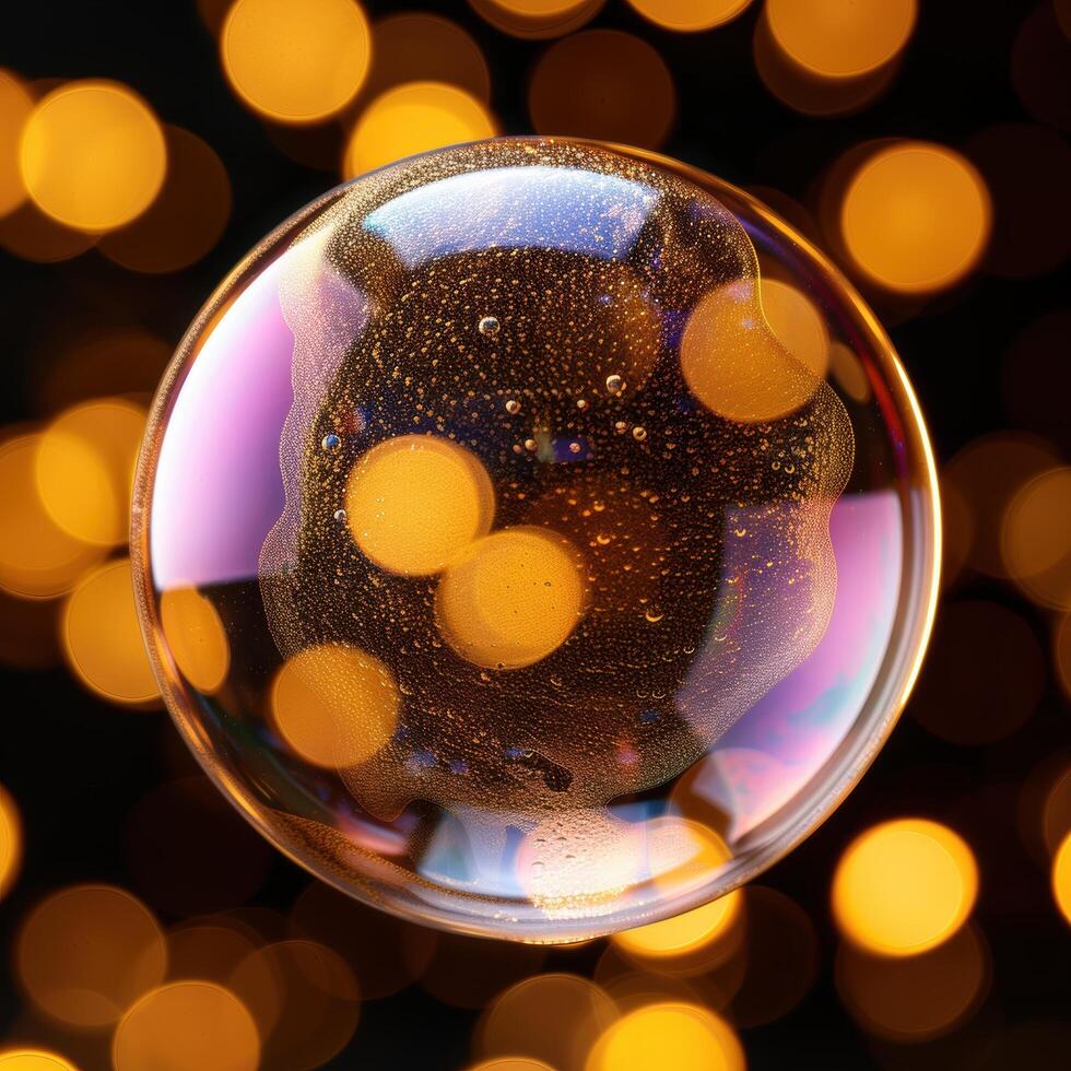 Sparkling glass sphere with colorful bokeh lights photo