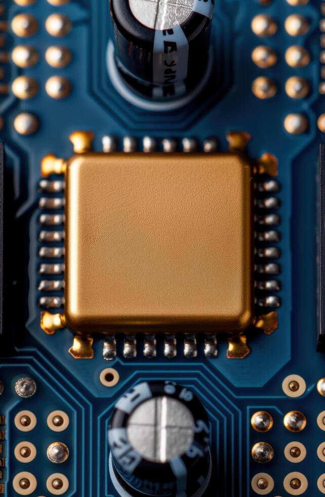 close up of a gold computer processor on a blue circuit board photo