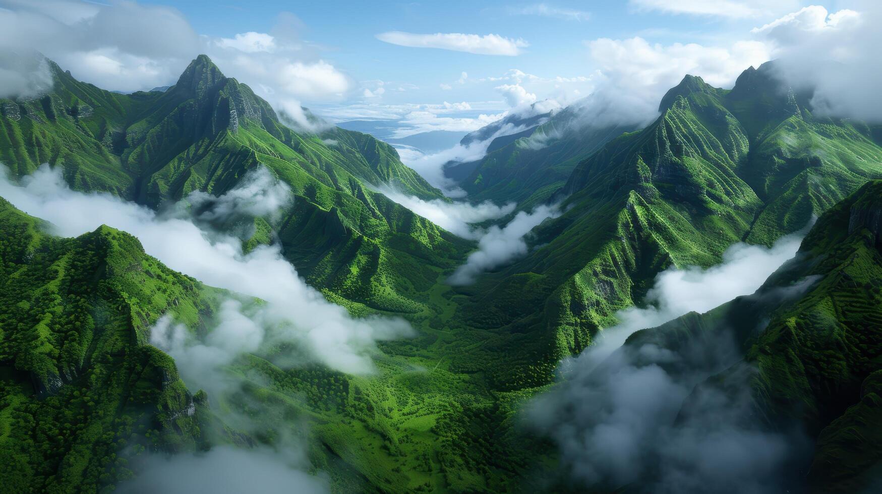 Lush green mountain landscape with clouds photo