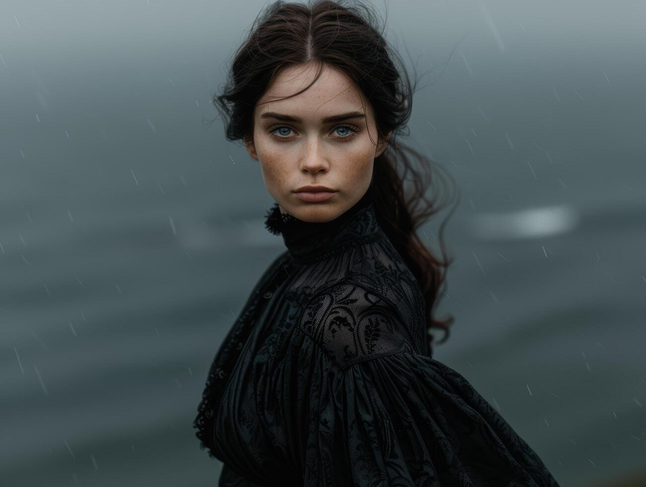 Mysterious woman in black dress stands in the rain photo