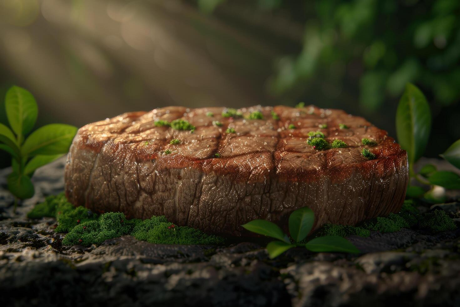 Juicy steak with fresh herbs on a rustic background photo