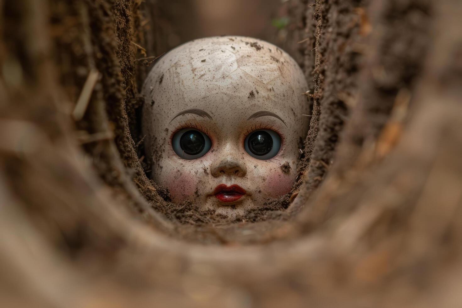 Creepy old doll face in the woods photo