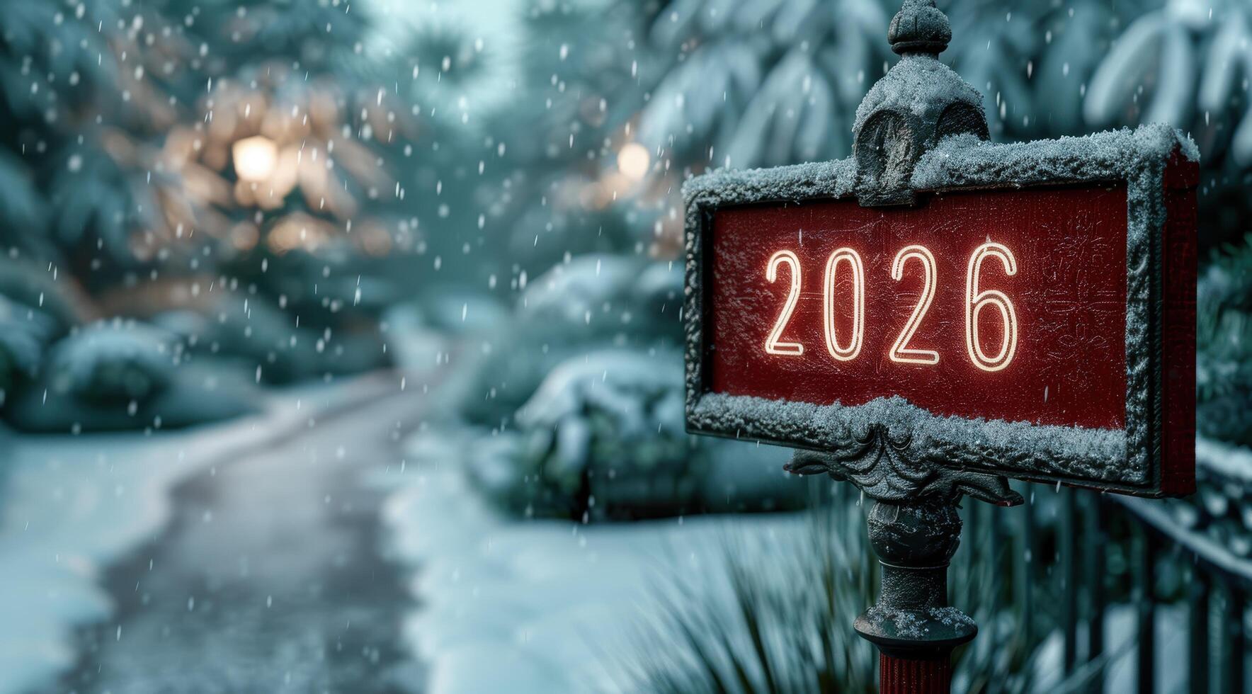 Snowy winter scene with year 2026 sign photo