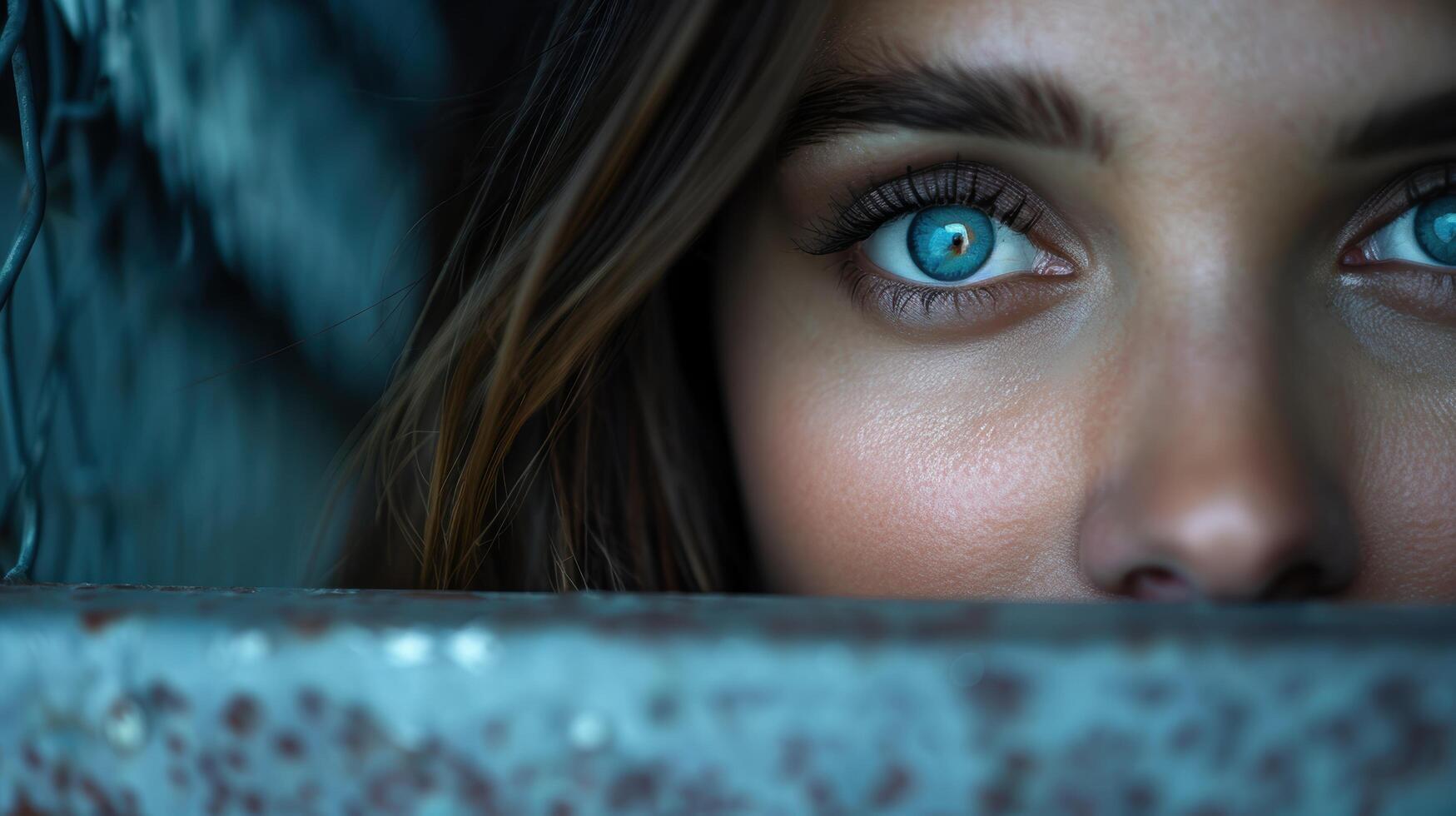 Mysterious blue eyes peering through the darkness photo
