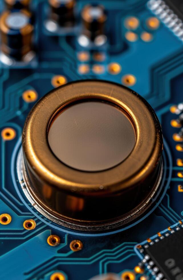 Close up of a gold colored electronic component on a blue circuit board photo