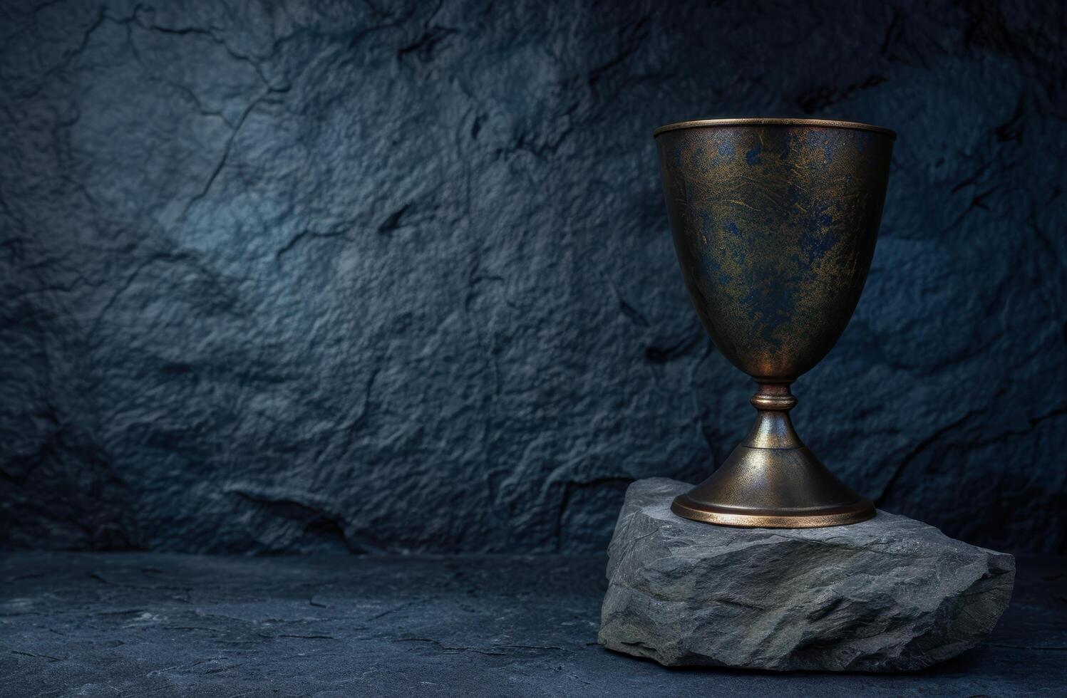 Antique metal chalice on slate background photo