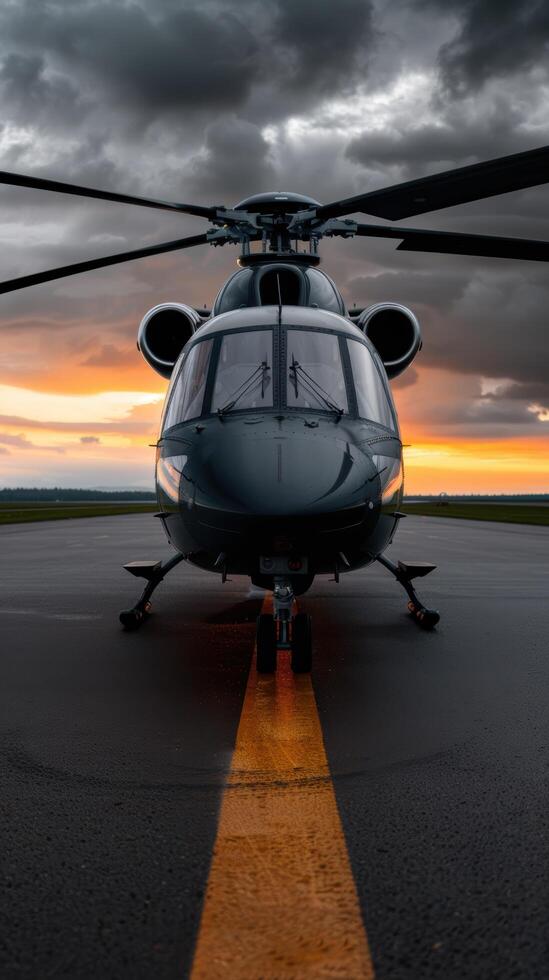 Dramatic military helicopter at sunset photo