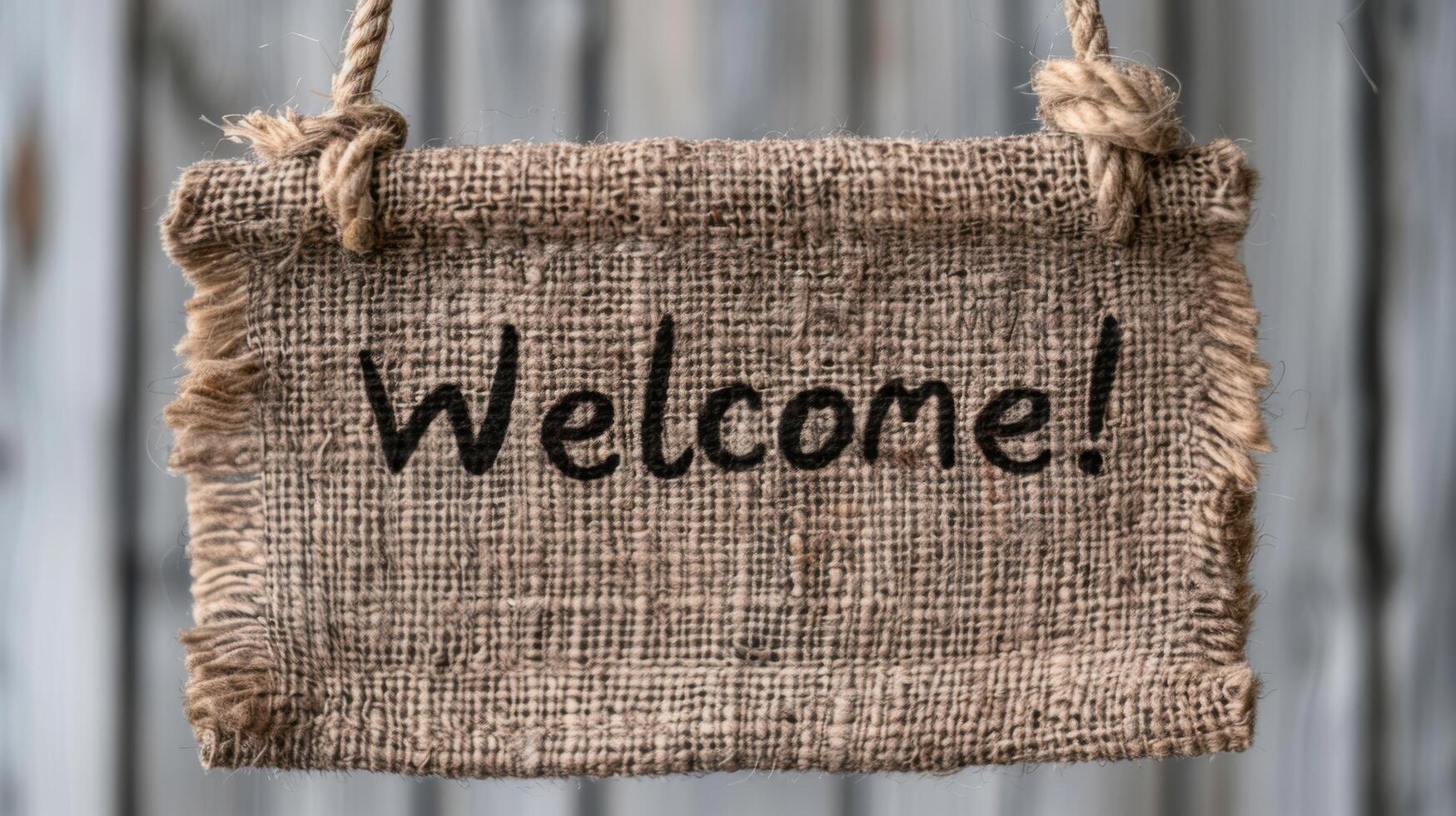 Welcome sign made of burlap and rope photo