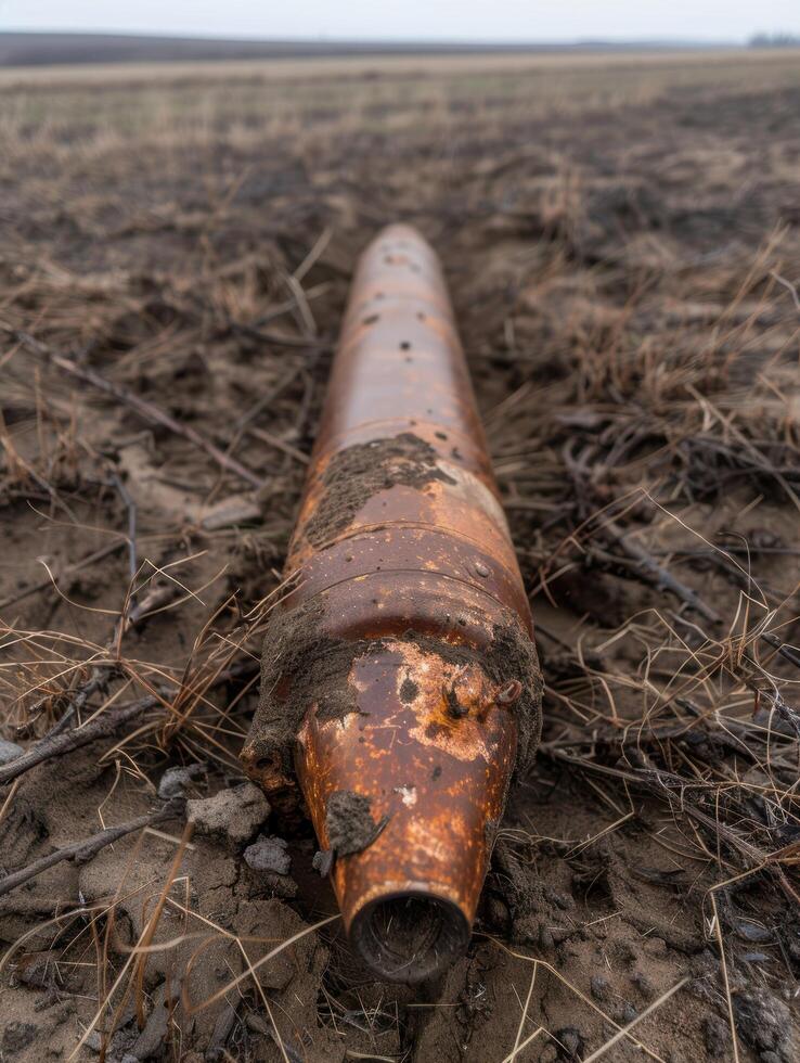 Rusty pipe lying in field photo
