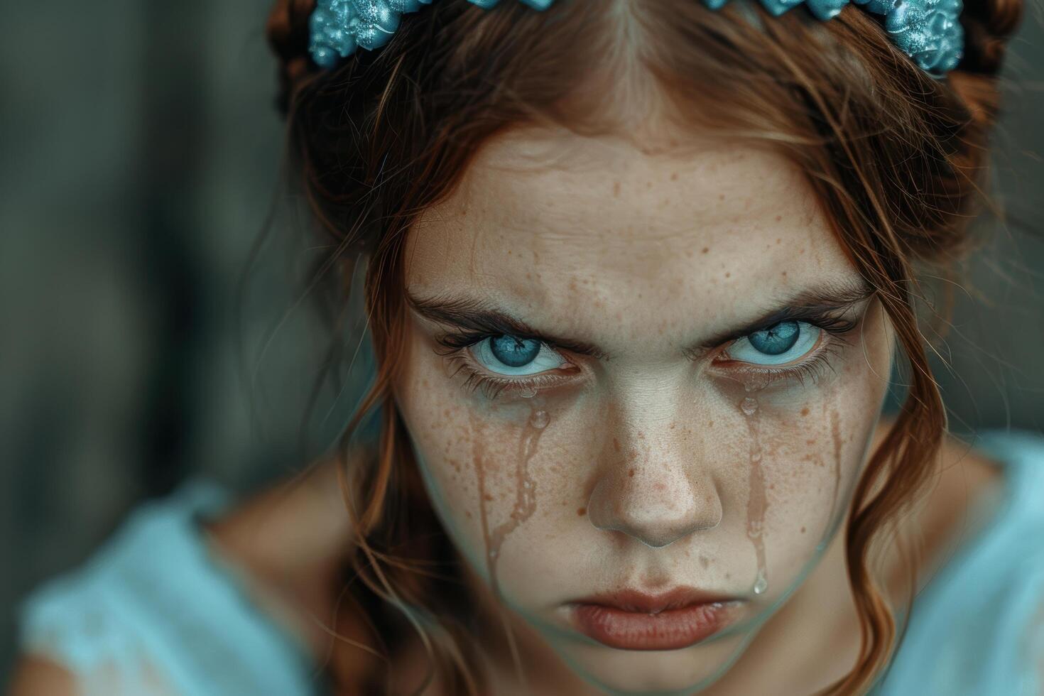 Emotional young woman with tears on her face photo
