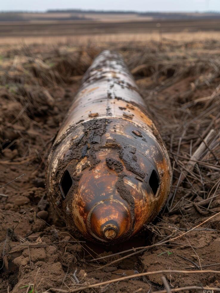 Abandoned artillery shell in a field photo