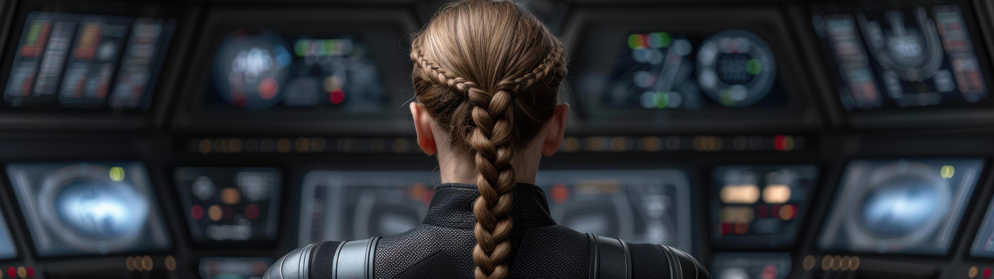Futuristic pilot in cockpit with braided hairstyle photo
