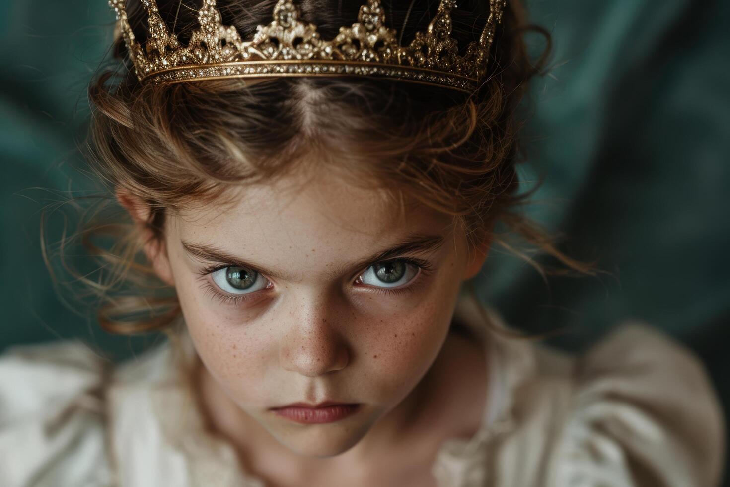 Serious young girl wearing golden crown photo