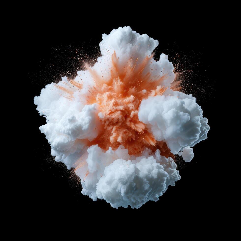 Dramatic explosion of white and orange smoke against a black background photo