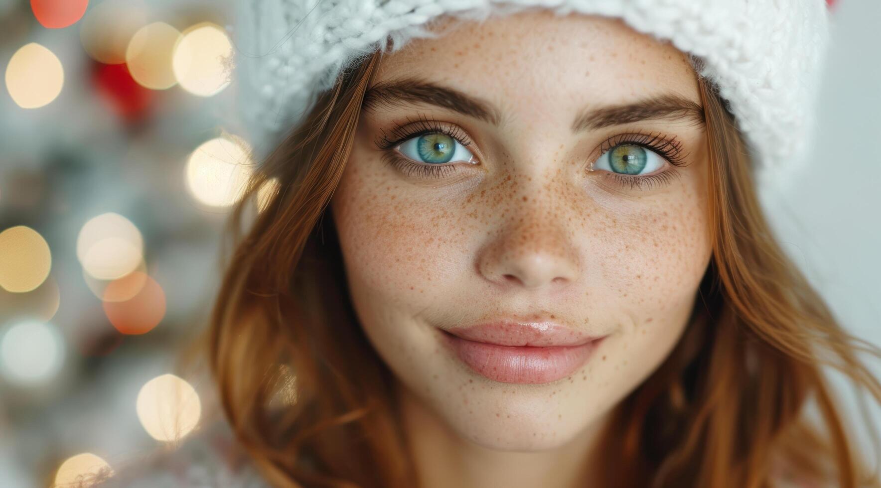 Closeup portrait of a young woman with freckles and blue eyes photo