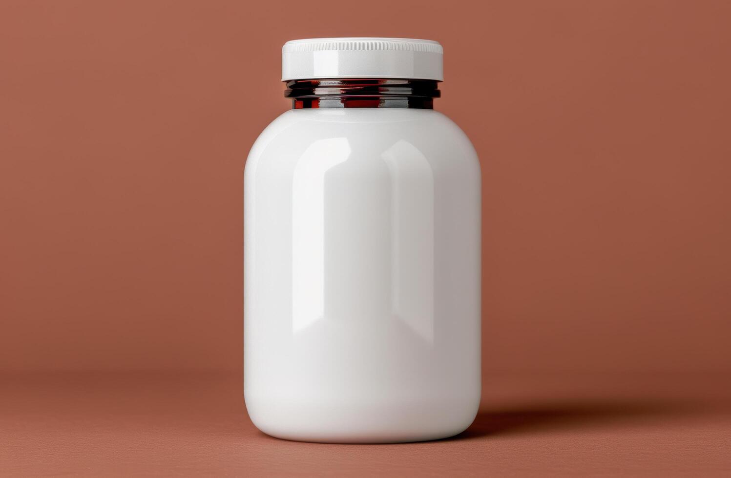 white plastic bottle with red cap on brown background photo