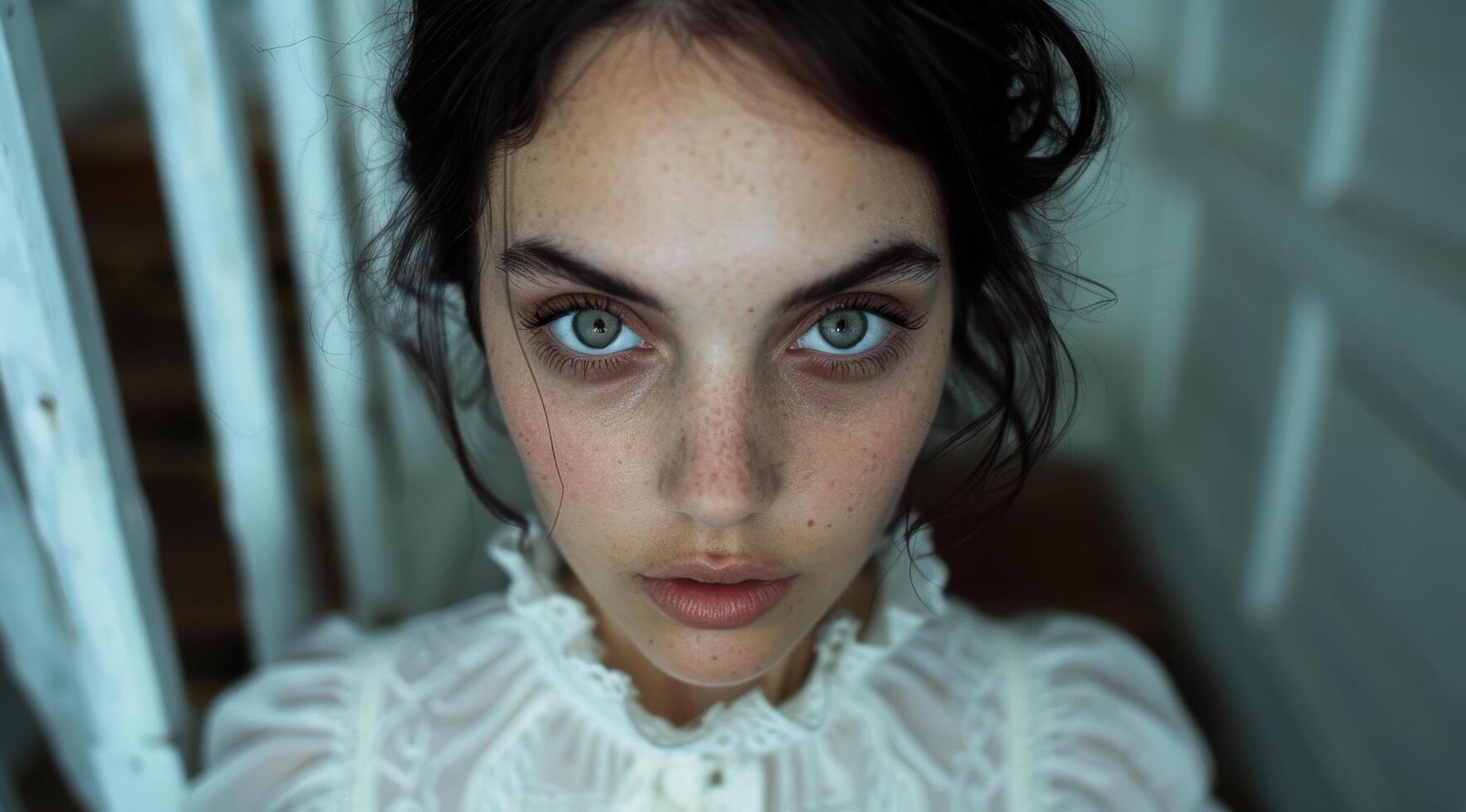 Pensive young woman with piercing blue eyes photo