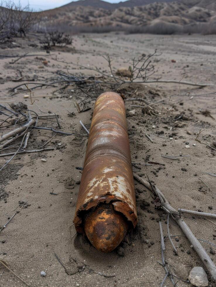 Rusted pipe in desert landscape photo