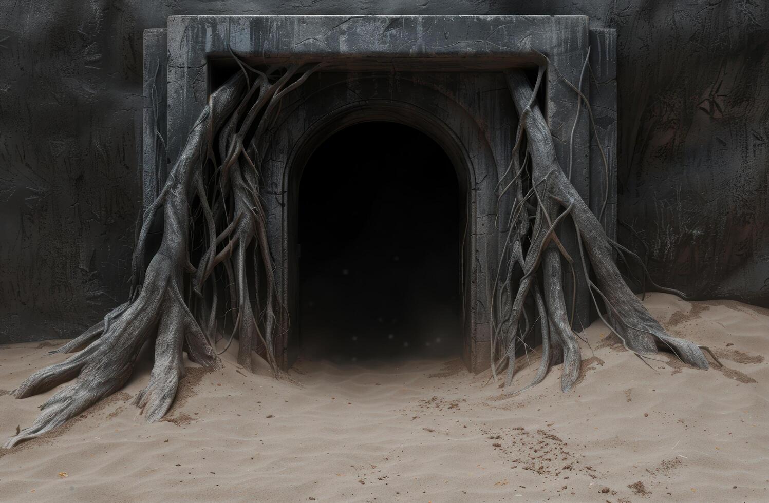 Dark and mysterious cave entrance with twisted roots photo