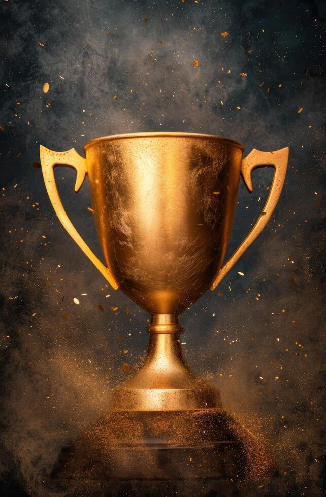 golden trophy cup on dark background photo