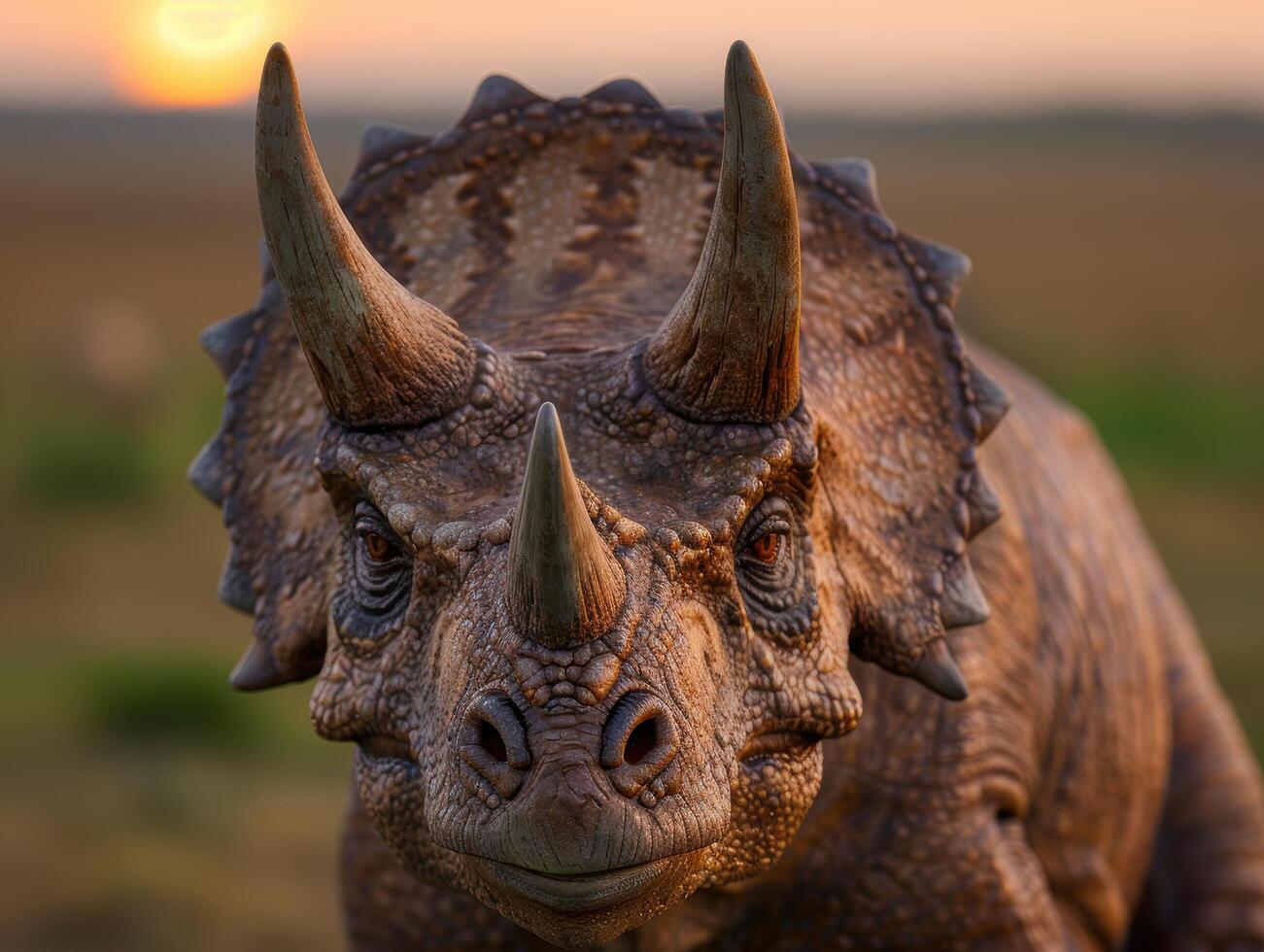 Closeup of a smiling triceratops dinosaur at sunset photo