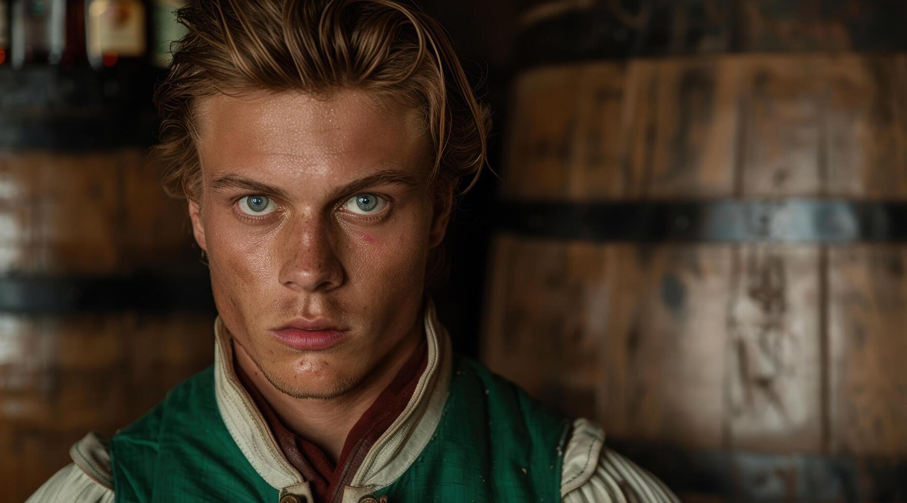Intense gaze of a young man with striking blue eyes photo