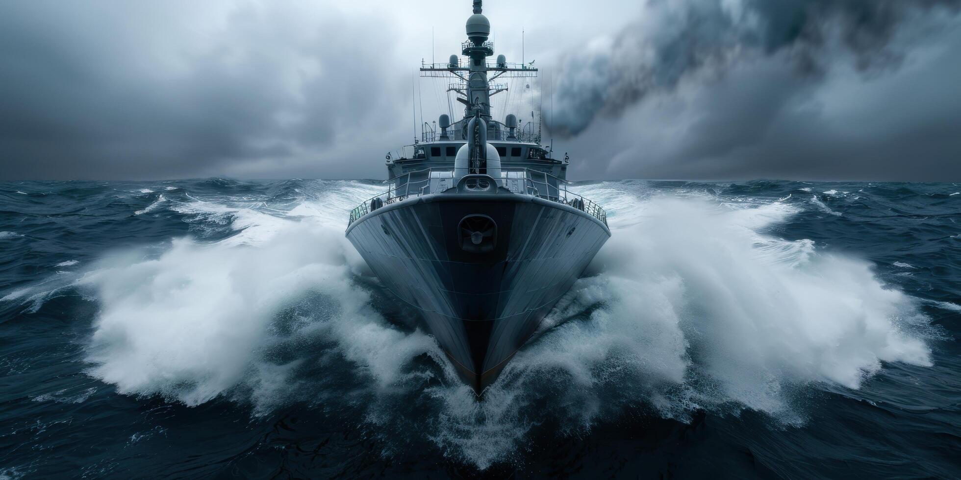 Powerful warship navigating stormy seas photo