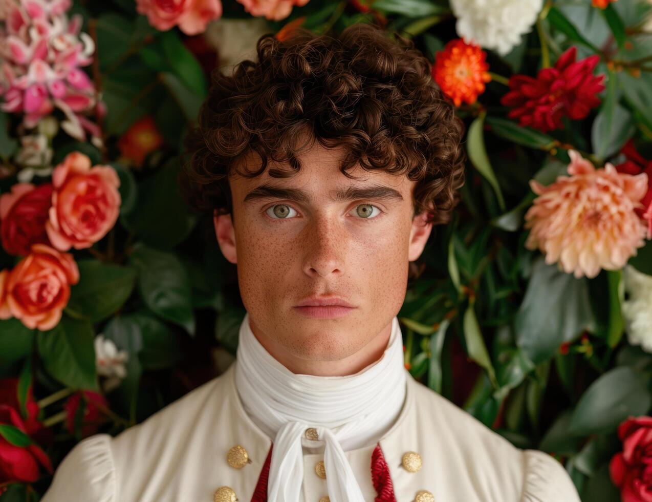 portrait of a young man with curly hair surrounded by colorful flowers photo
