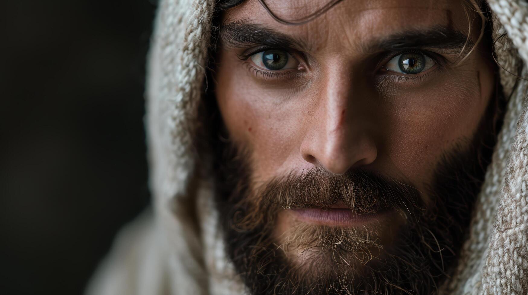 Intense gaze of a bearded man with piercing eyes photo