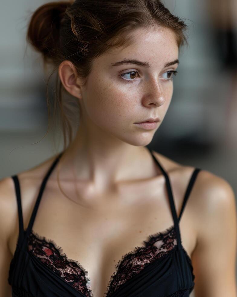 Pensive young woman in black lace lingerie photo