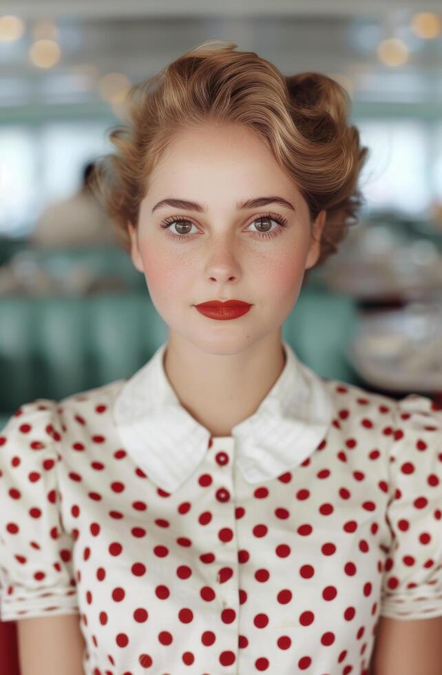 Retro styled woman with red lips and curled hair photo