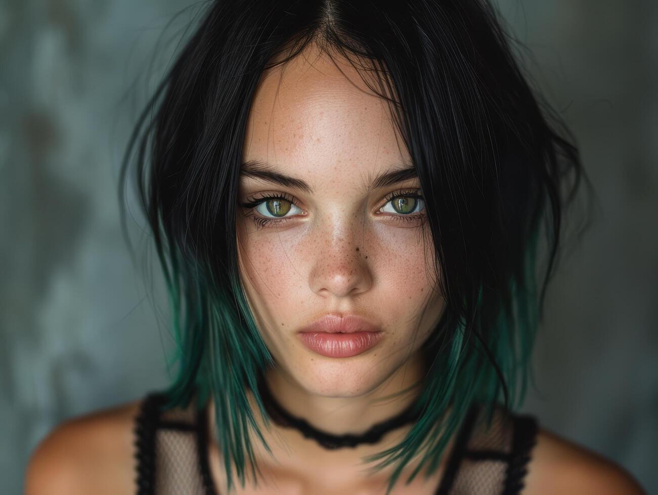 mysterious woman with dark hair and green highlights photo