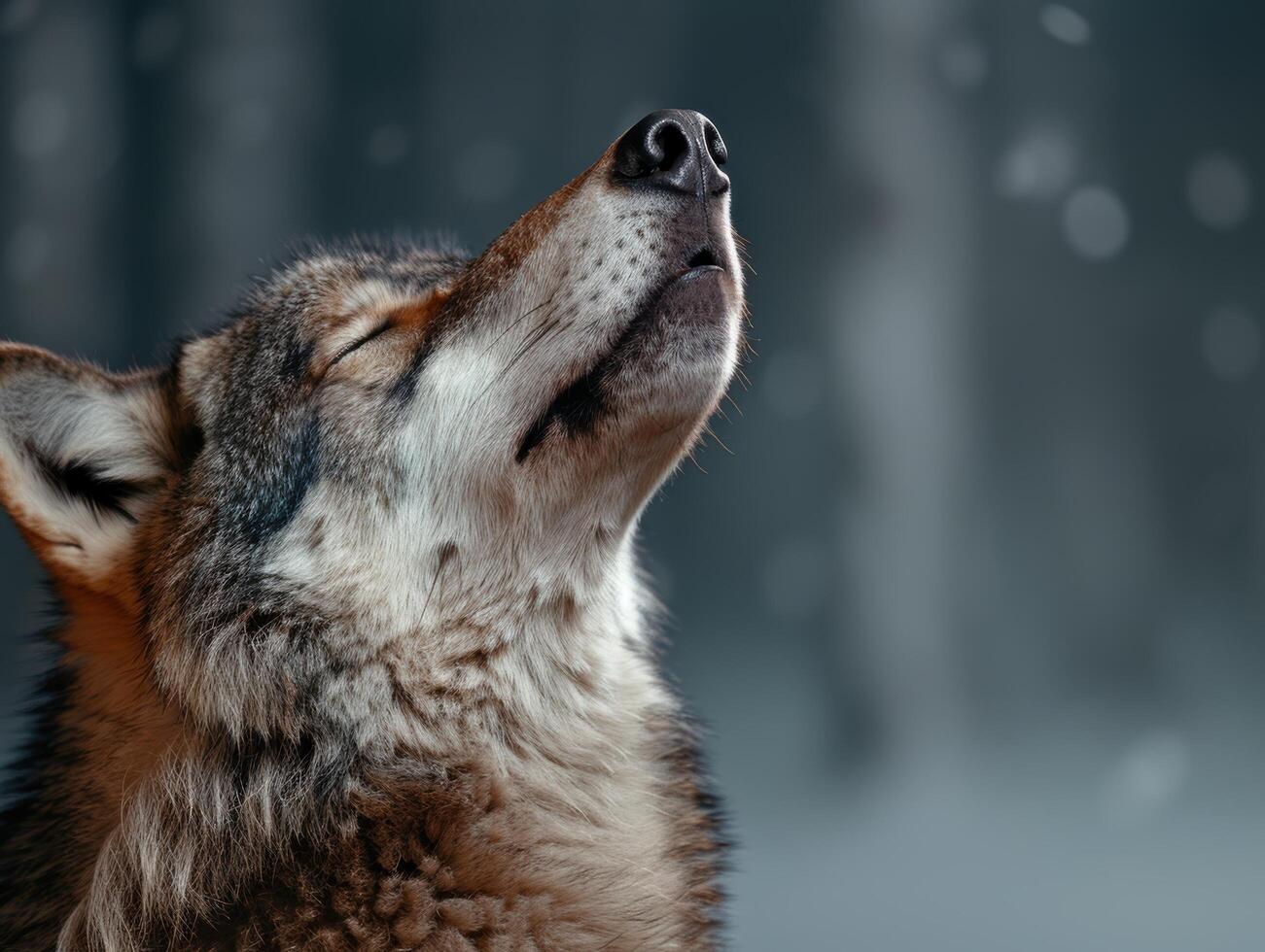 close up of a wolf howling in the dark photo