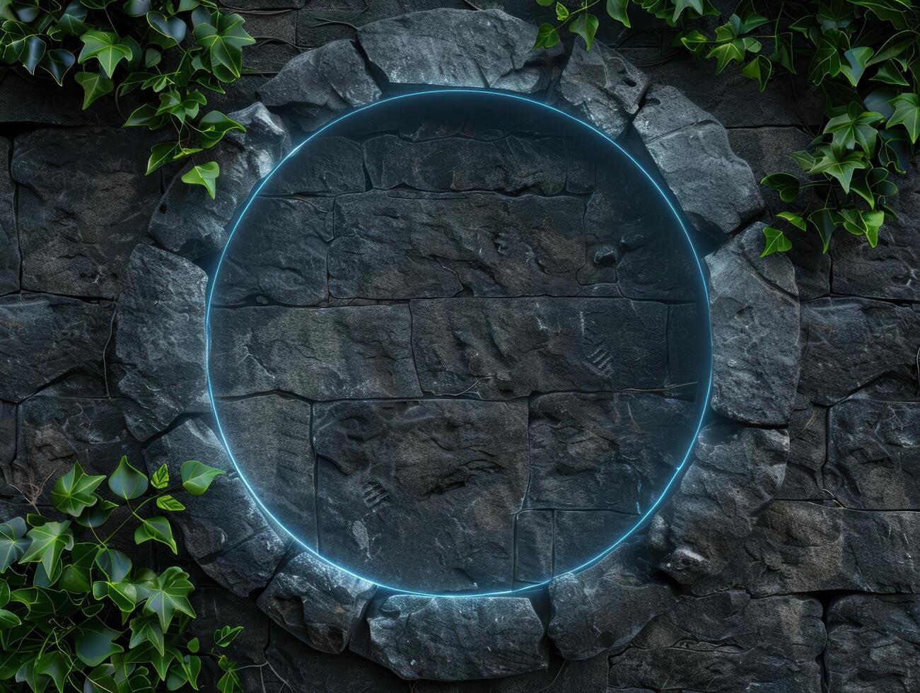 Mystical glass orb surrounded by ivy on stone wall photo